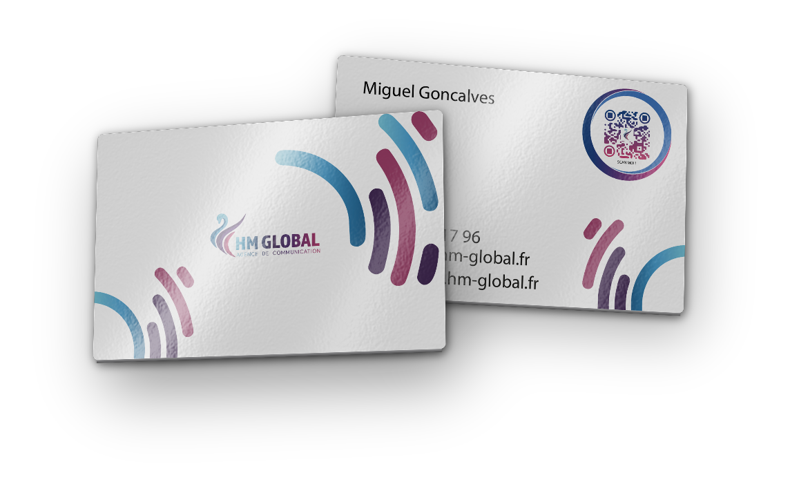 Carte de visite HM Global Agence imprimée sur papier 350 g, recto-verso