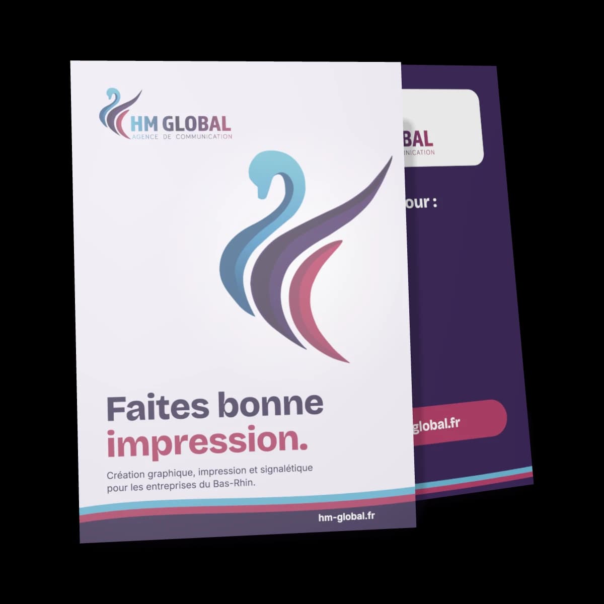 Flyer A5 HM Global Agence, recto lilas et verso violet, couché 170 g
