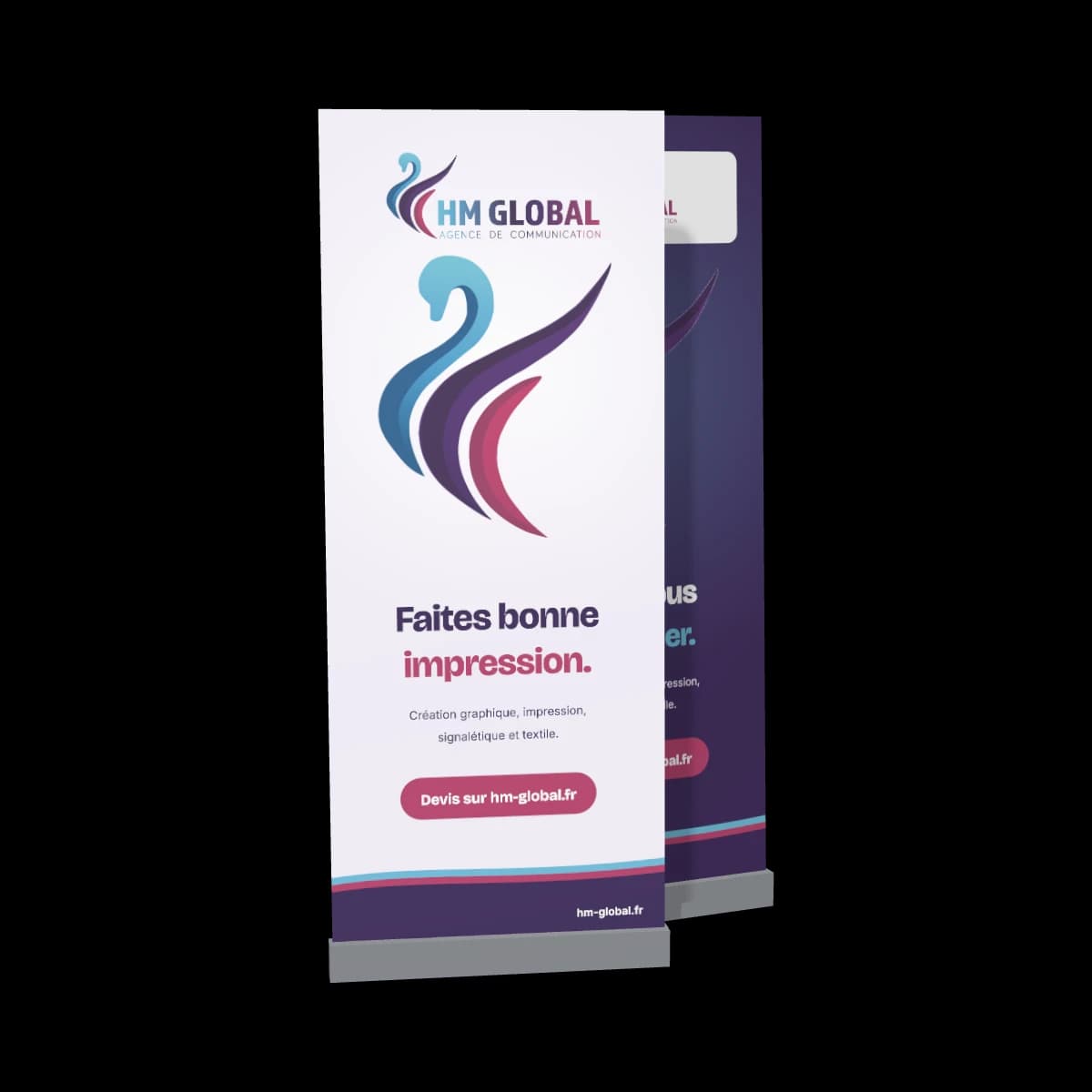 Deux roll-ups HM Global 84 × 204 cm debout sur leur enrouleur